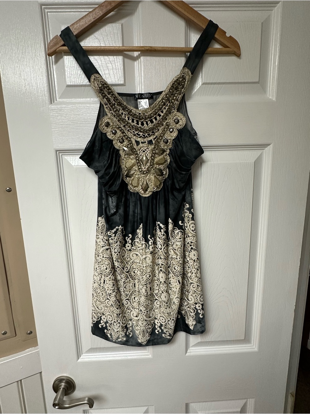 VENUS Black Camisole with Gold and Cream Embellished Neckline